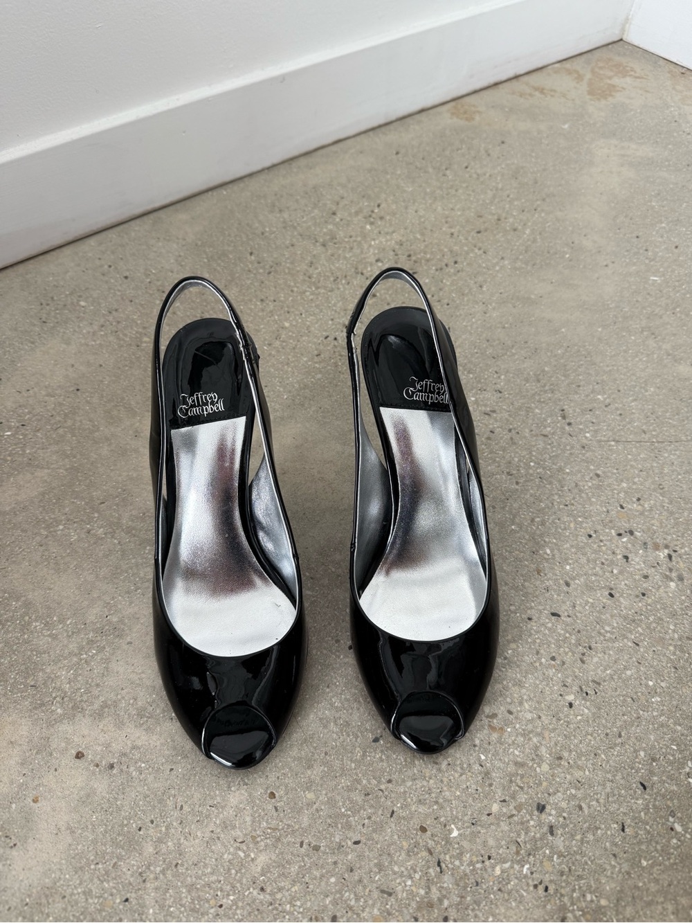 Jeffrey Campbell Black Patent Slingback Peep-Toe Pumps with Silver Insole